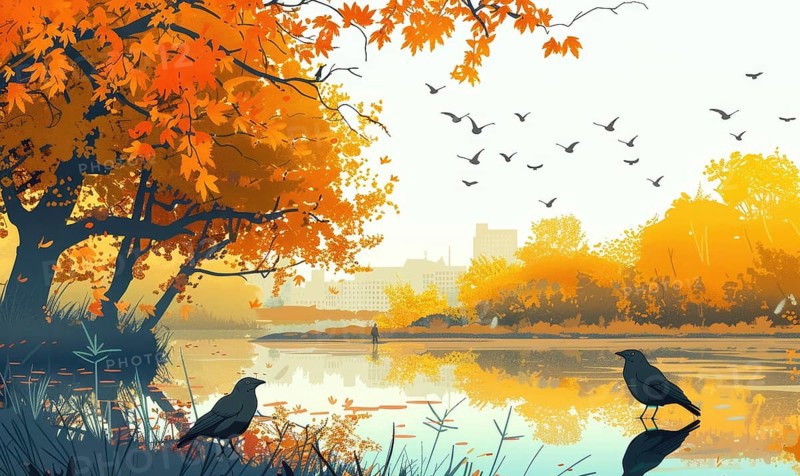 A painting of a city with a river and two birds. The birds are perched on a tree near the water AI generated