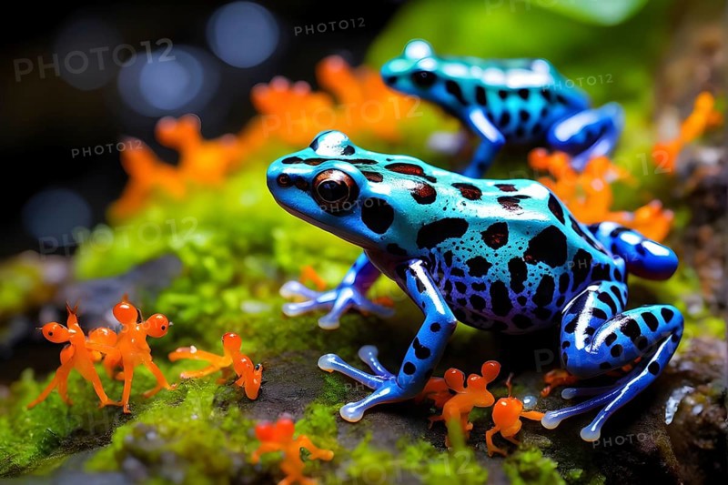 Brightly colored poison dart frogs converging around a translucent stream, AI generated