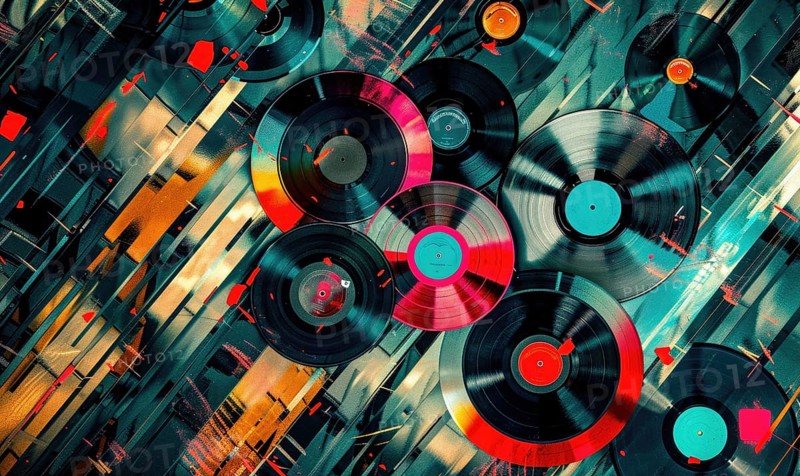 A colorful image of many records with a blue background. The records are in various colors and sizes, and they are scattered all over the image. Scene is vibrant and energetic. AI generated