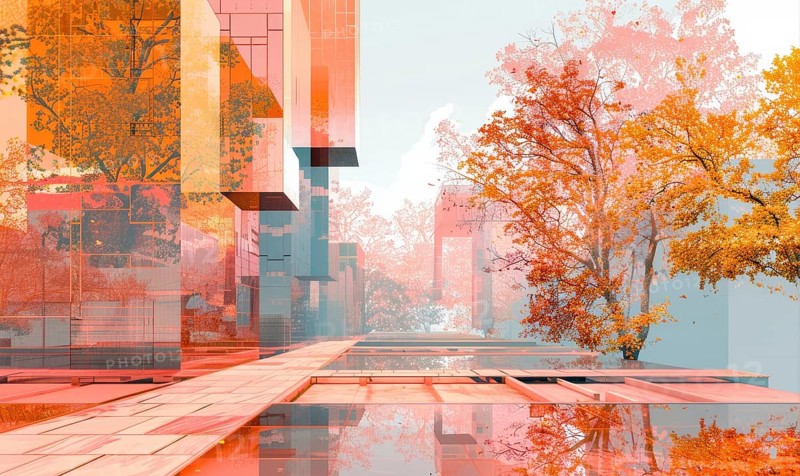 A cityscape with a tree in the foreground and a reflection of the tree in the water. The image has a warm, nostalgic feeling to it. AI generated