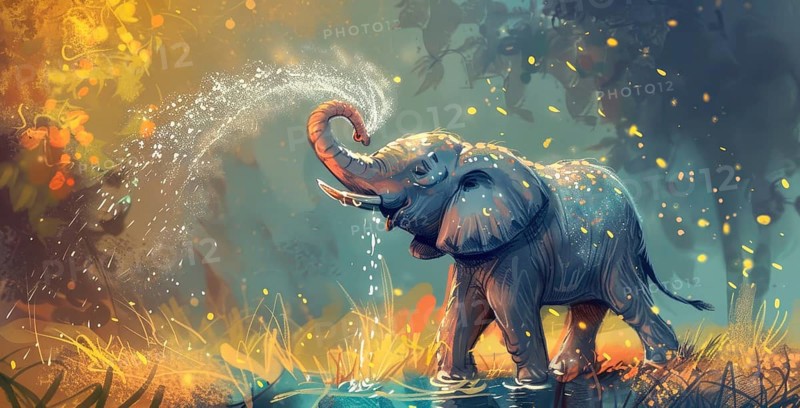 An elephant playfully splashing water with its trunk amidst a glowing sunset in a magical forest AI generated