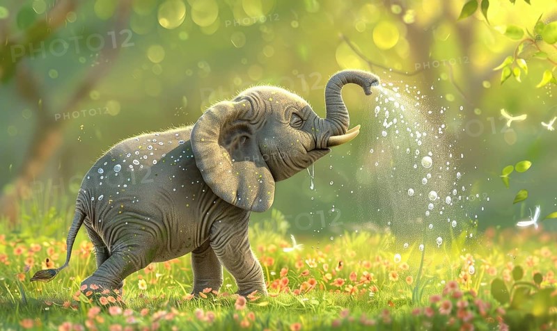 A baby elephant joyfully spraying water with its trunk in a sunlit forest clearing with flowers AI generated