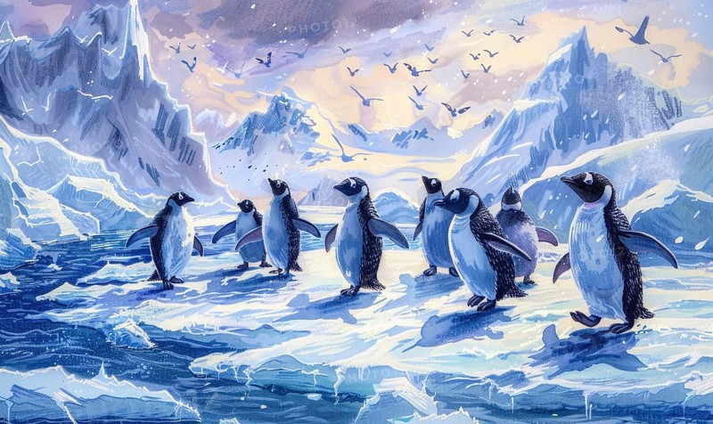 A group of penguins are standing on ice and snow AI generated