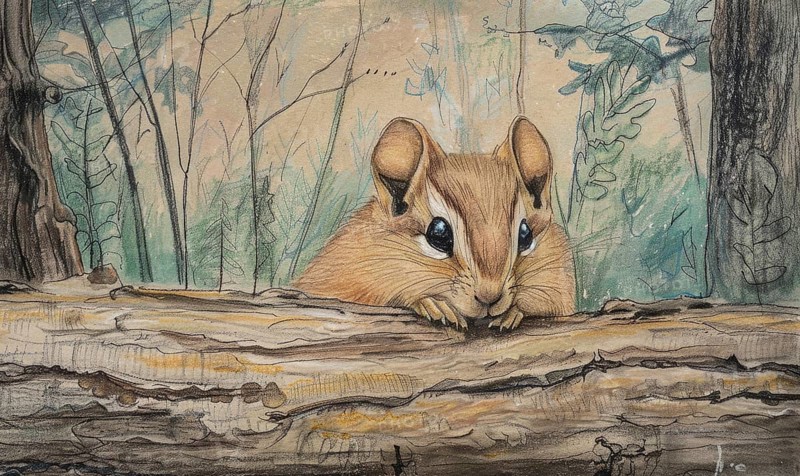 A small brown chipmunk is sitting on a log in a forest. The scene is peaceful and serene, with the chipmunk looking out into the distance AI generated