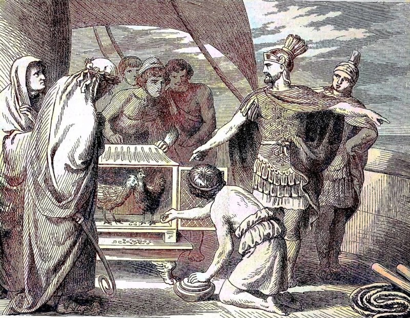 Publius Claudius Pulcher, a Roman politician and the oracle of the sacred chickens, the history of ancient Rome, Roman Empire, Italy, digital reproduction of an original from the 19th century, original date unknown, Europe