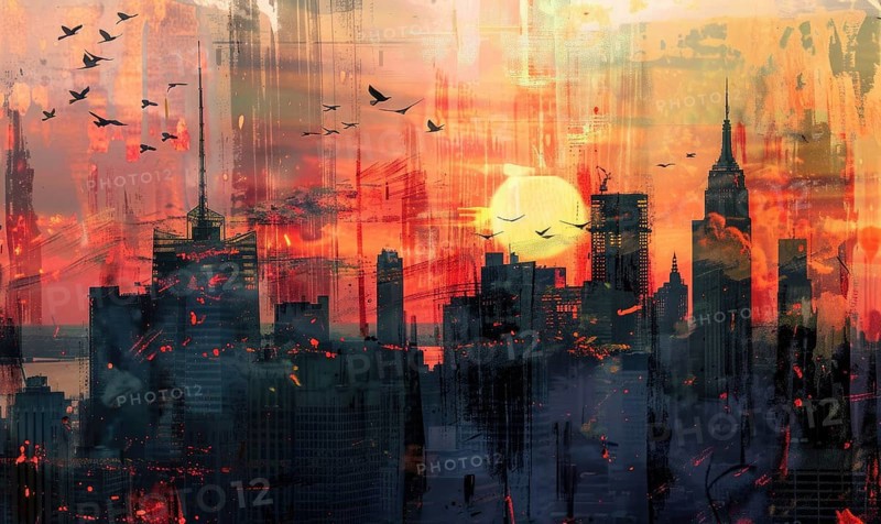 A painting of a city skyline with a large sun in the background. The sky is orange and the sun is setting. There are many birds flying around the city. AI generated