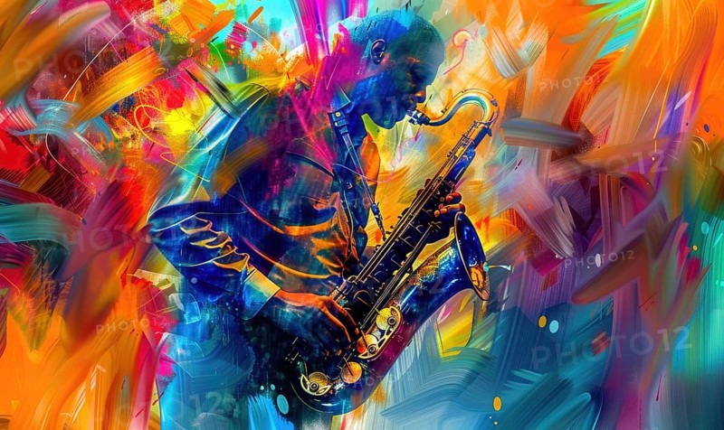Abstract image of a saxophonist playing jazz, surrounded by vibrant and dynamic colors AI generated