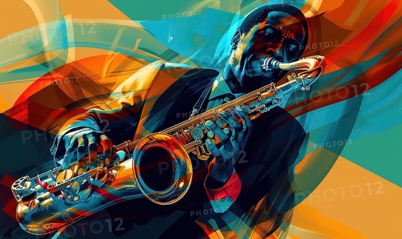 A dynamic, abstract portrayal of a jazz musician passionately playing the saxophone, surrounded by vibrant colors AI generated