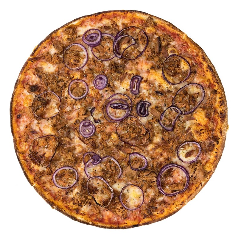 Fresh made Tuna Pizza isolated on white background
