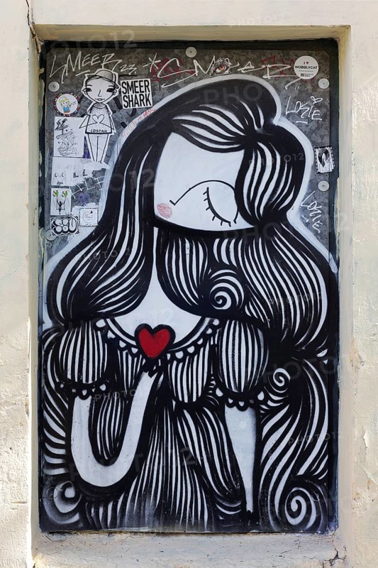 Female figure with red heart, graffiti by Greek street artist Sonke, Exarchia neighbourhood, Athens, Greece, Europe