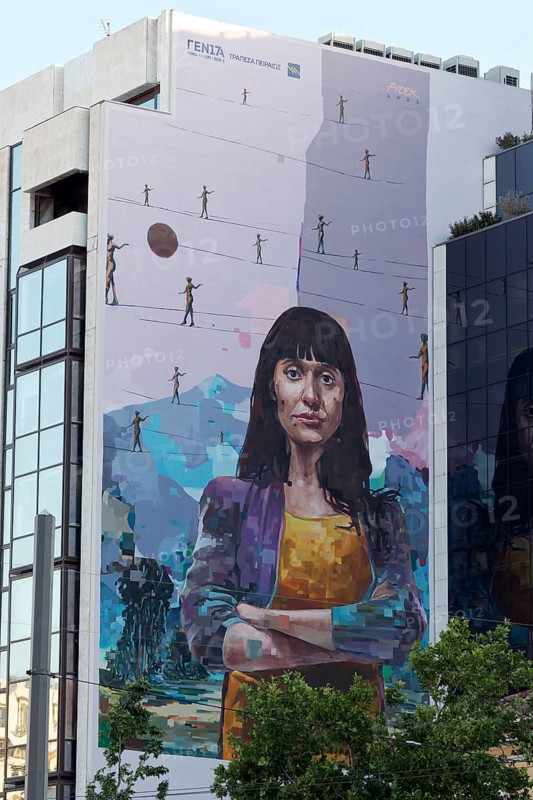 Portrait of a woman and many small tightrope walkers, symbolic mural on the Piraeus Bank by street artist Artek, Athens, Greece, Europe