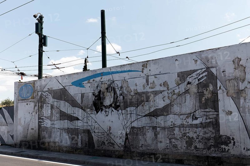 Vitruvian Man after the drawing by Leonardo da Vinci, mural by Greek street artist INO, Gazi neighbourhood, Athens, Greece, Europe