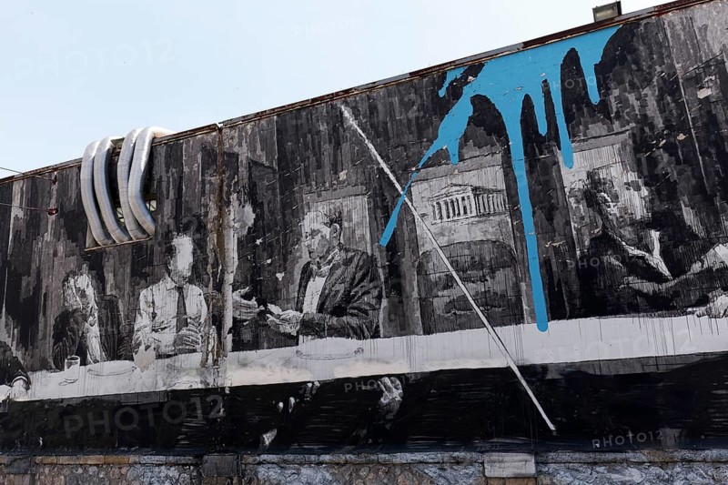 Last Supper in Athens, mural in black and white by Greek street artist INO, Gazi neighbourhood, Athens, Greece, Europe