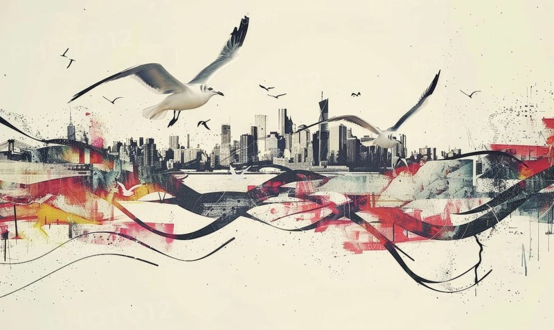 Abstract cityscape featuring seagulls in flight over a detailed skyline with dynamic black, white, and red elements AI generated