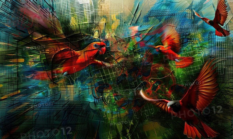 A painting of three birds with one of them having a red beak. The birds are flying in a colorful and abstract manner AI generated