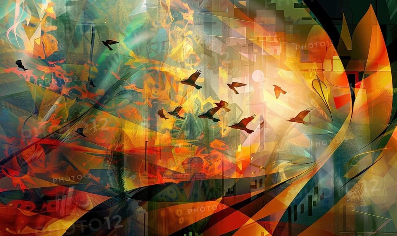 Abstract image with birds flying through a mystical forest with autumn colors and surreal elements AI generated