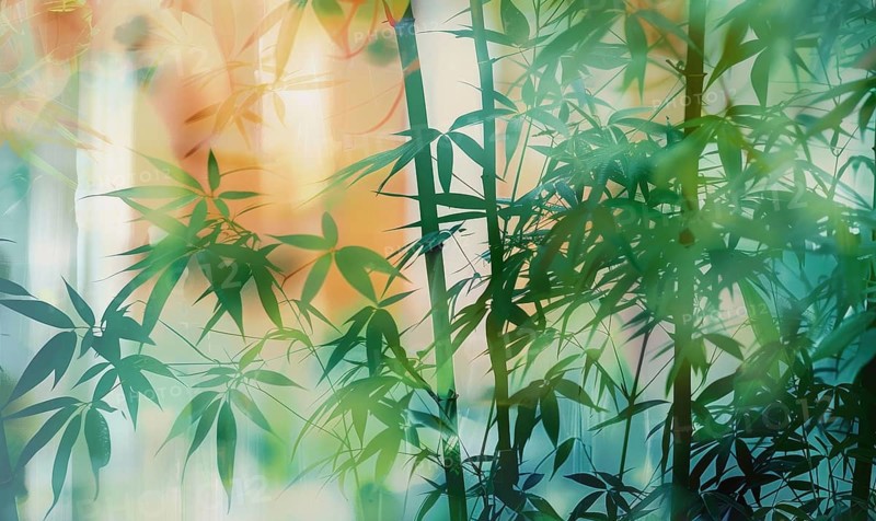 Abstract and serene image of green bamboo leaves casting shadows with orange undertones AI generated
