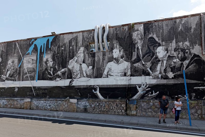 Last Supper in Athens, mural in black and white by Greek street artist INO, Gazi neighbourhood, Athens, Greece, Europe