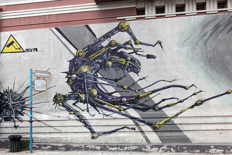 Monsters on the run, title Access Control, mural by street artists INO & Aiva, Athens, Greece, Europe