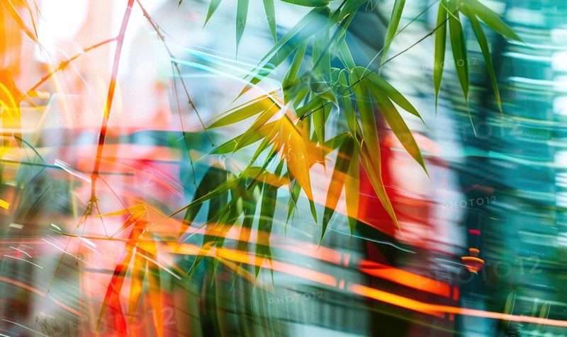 Abstract image with green bamboo leaves and vibrant orange light streaks creating a blurred effect AI generated
