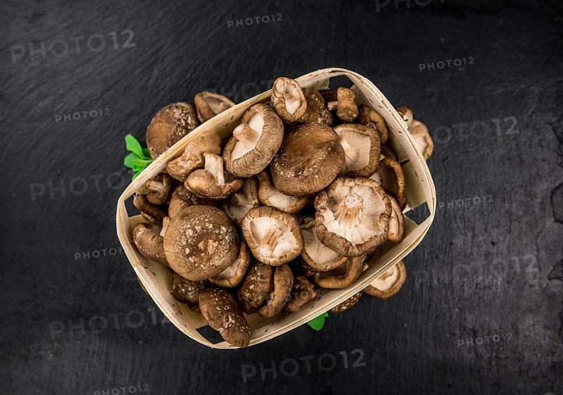 Portion of Shiitake mushrooms as detailed close up shot on a slate slab, selective focus