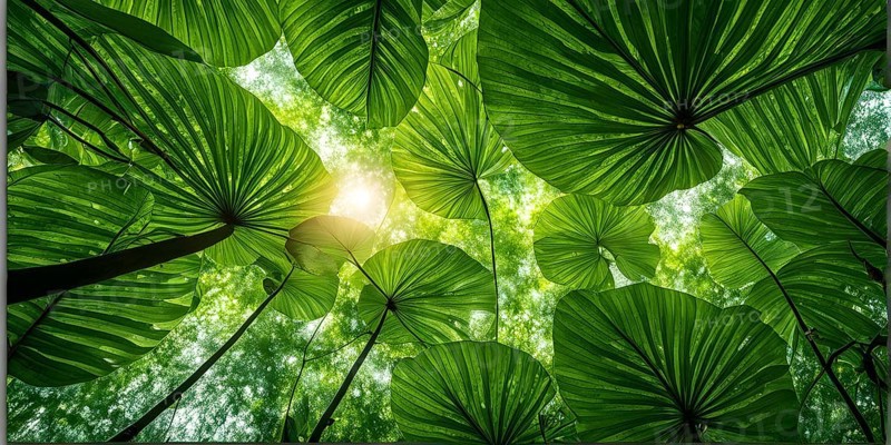 Rainforest canopy with verdant greenery and sunbeams piercing through the leaves, AI generated