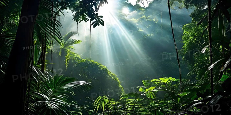 Rainforest canopy with verdant greenery and sunbeams piercing through the leaves, AI generated