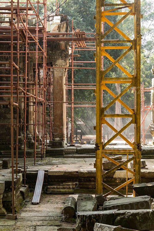 Archaeological site and renovation in Ta Prohm Temple, Angkor Wat Cambodia with spectacular light