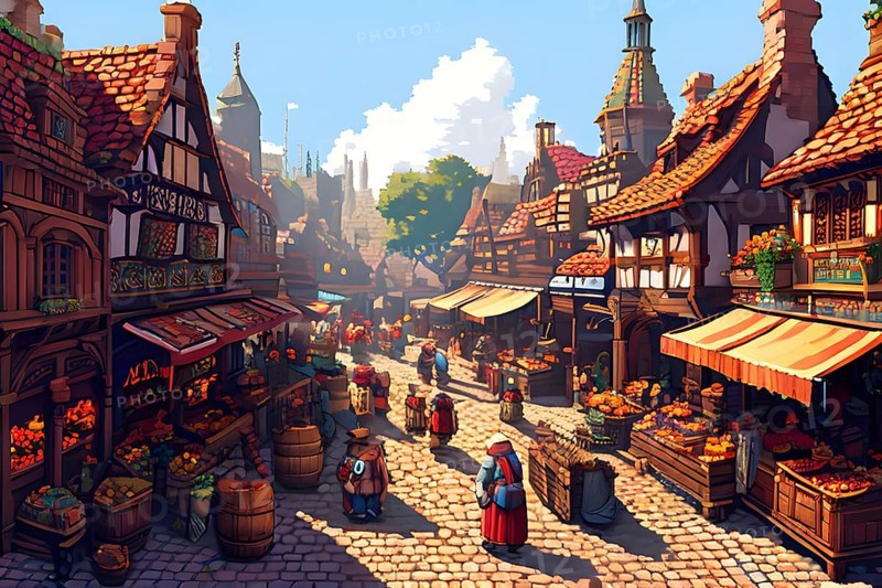 Pixel art, marketplace, medieval, pixel, art, wallpaper, illustration, AI generated