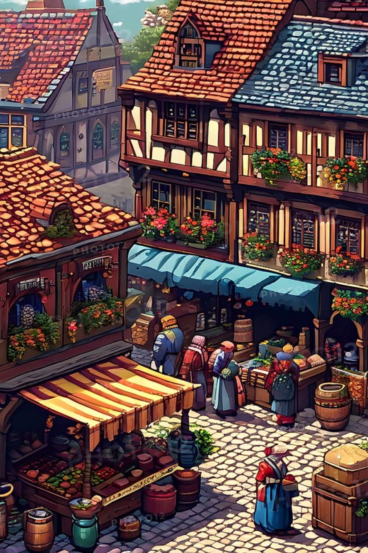 Pixel art, marketplace, medieval, pixel, art, wallpaper, illustration, AI generated