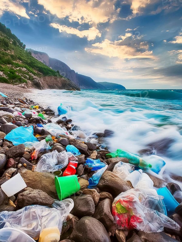 Dream beach polluted by washed up plastic waste, environmental pollution, plastic problem, AI generated, AI generated