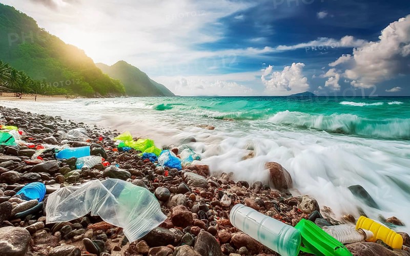 Dream beach polluted by washed up plastic waste, environmental pollution, plastic problem, AI generated, AI generated