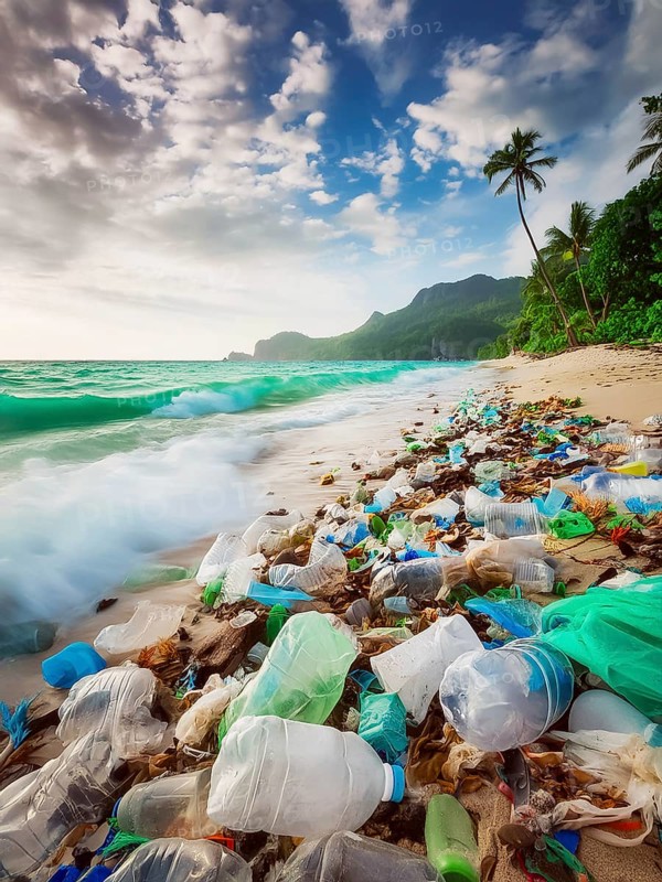 Dream beach polluted by washed up plastic waste, environmental pollution, plastic problem, AI generated, AI generated