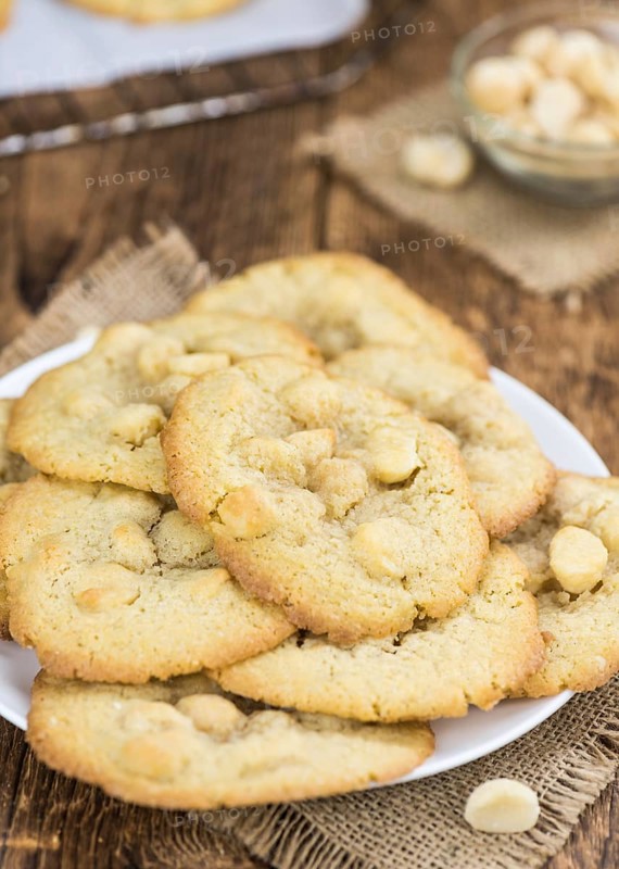 Portion of Macadamia Cookies as detailed close-up shot, selective focus