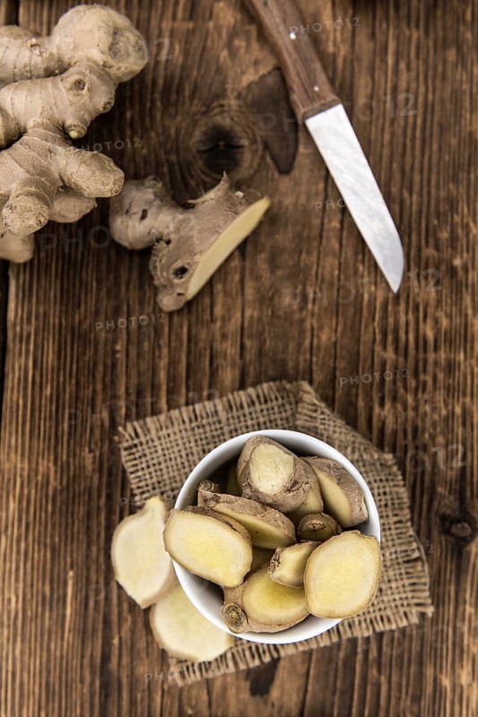 Some healthy Ginger Slices (selective focus, close-up shot)