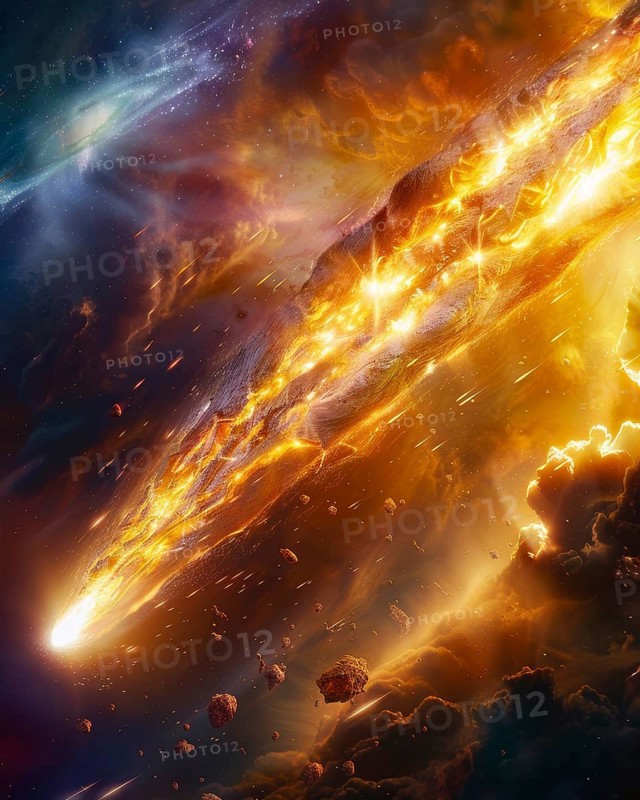 A fiery depiction of a meteor as it enters the atmosphere, creating an intense explosion, AI generated