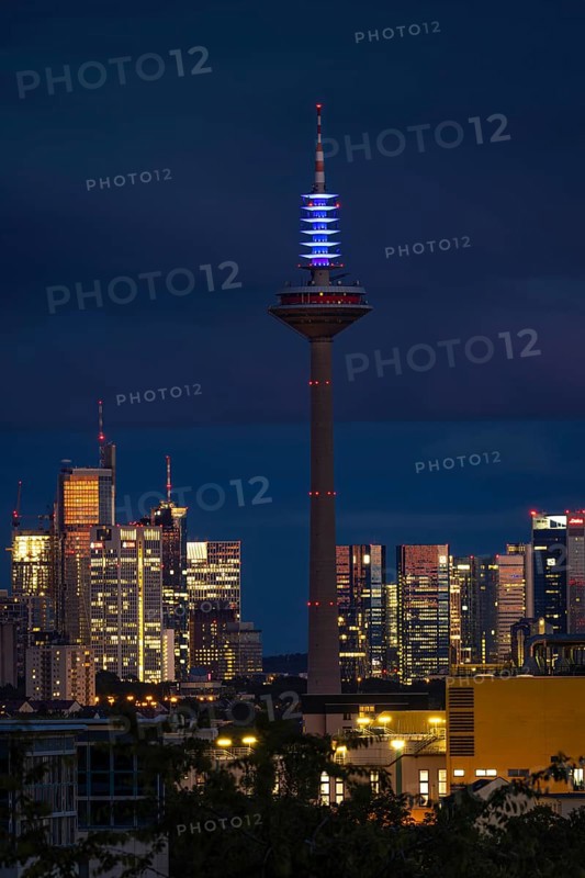 The top of the Europe Tower in Frankfurt am Main shines in the blue of the European Union (EU) until the European elections on 9 June 2024 ., Frankfurt am Main, Hesse, Germany, Europe