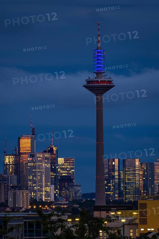 The top of the Europe Tower in Frankfurt am Main shines in the blue of the European Union (EU) until the European elections on 9 June 2024 ., Frankfurt am Main, Hesse, Germany, Europe