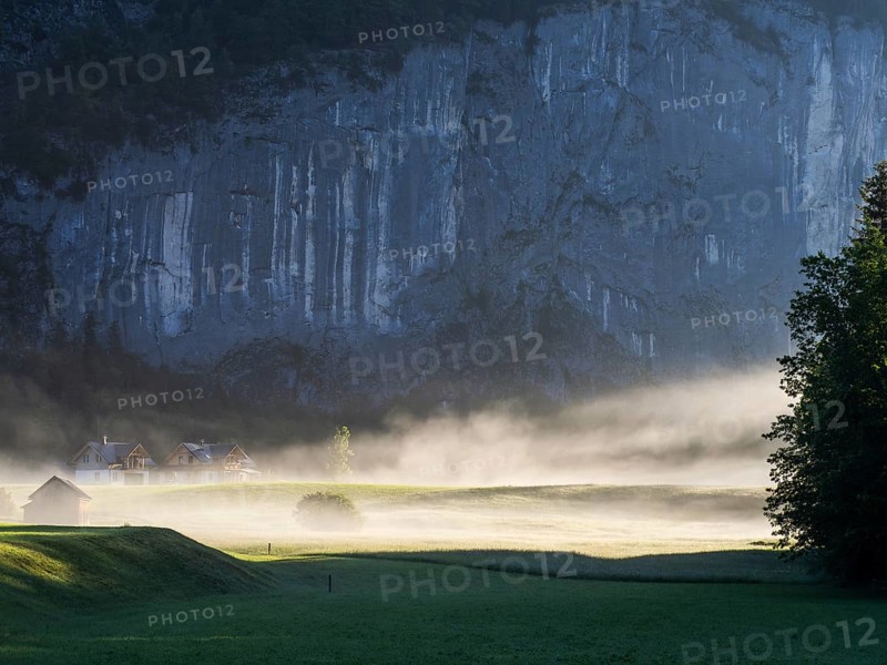 Early morning fog over forest and fields, Gössler Wand, Gössl, Salzkammergut, Styria, Austria, Europe