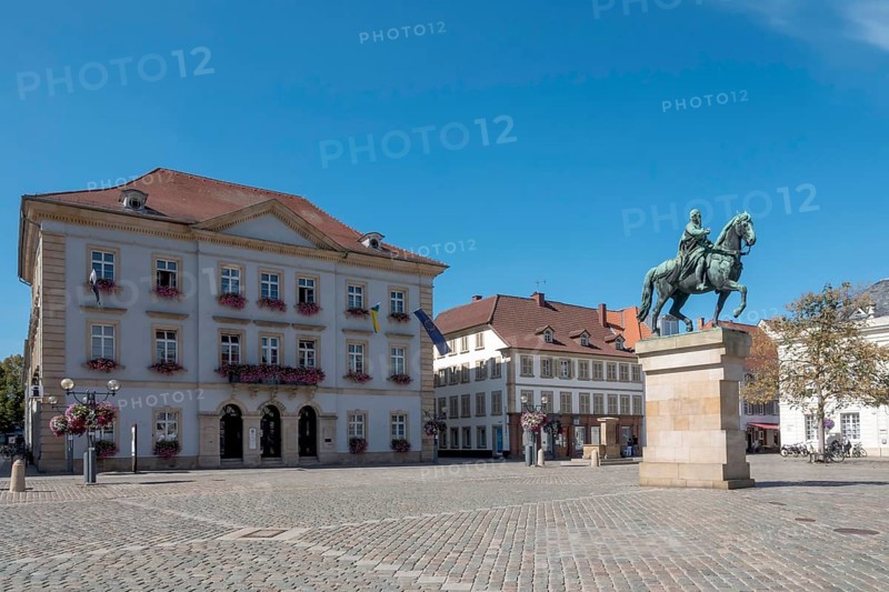 Town Hall and monument to Prince Regent Luitpold of Bavaria, equestrian figure, bronze, Town Hall Square, Rathausplatz, Landau in der Pfalz, Rhineland-Palatinate, Germany, Europe