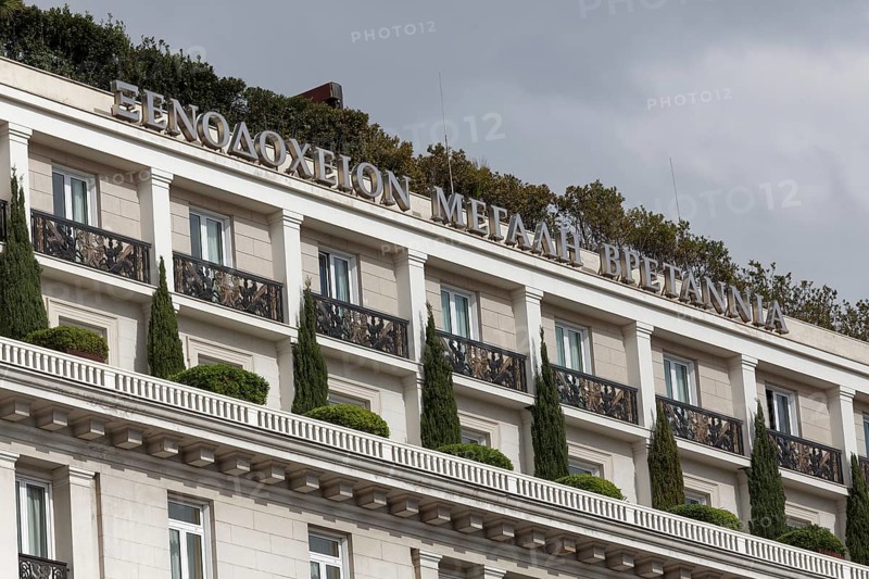 Hotel Grande Bretagne, faÃ§ade detail, historic Grand Hotel on Syntagma Square, 5-star hotel, Athens, Greece, Europe