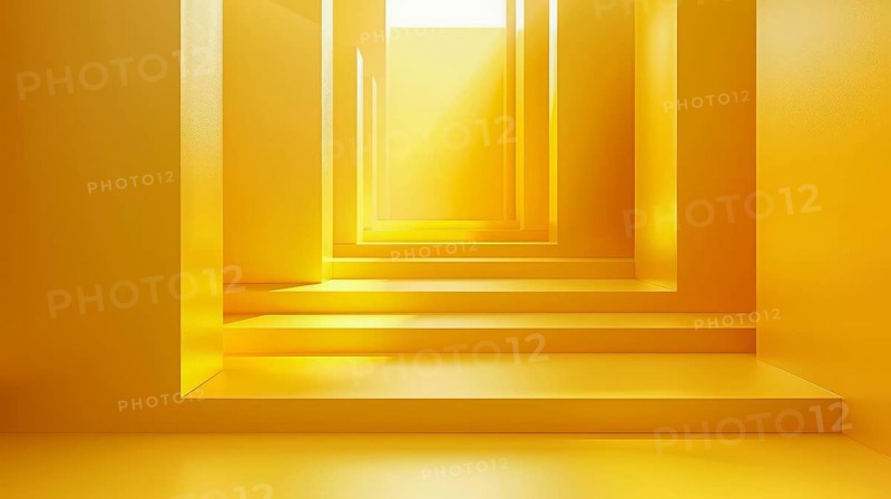 Abstract yellow staircase-like structure with geometric shapes and warm lighting, AI generated