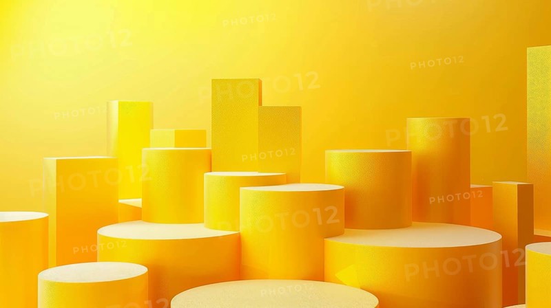 Vibrant abstract composition with layered yellow cylinders and geometric shapes, AI generated