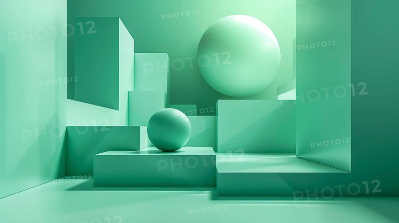 Minimalist abstract scene with green spheres and cubes arranged in geometric shapes, AI generated