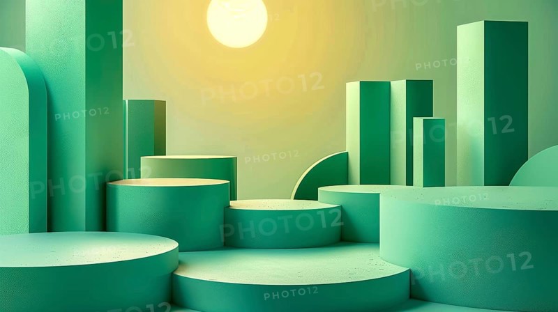 Minimalist geometric landscape with green cylindrical shapes and sunset-like lighting, AI generated