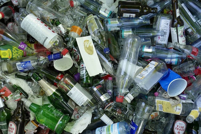 Waste glass, glass waste in a waste paper basket, Germany, Europe