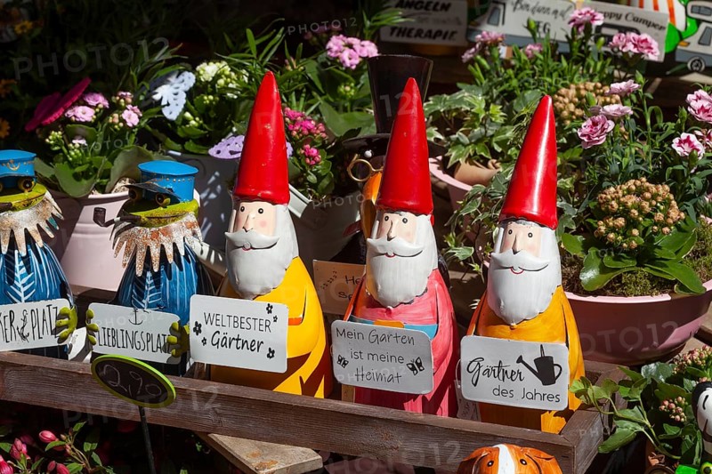Colourful garden gnomes in front of a shop, Leer, East Frisia, Germany, Europe