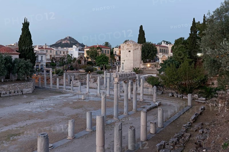Roman Agora with Tower of the Winds, twilight, Plaka neighbourhood, Athens, Greece, Europe
