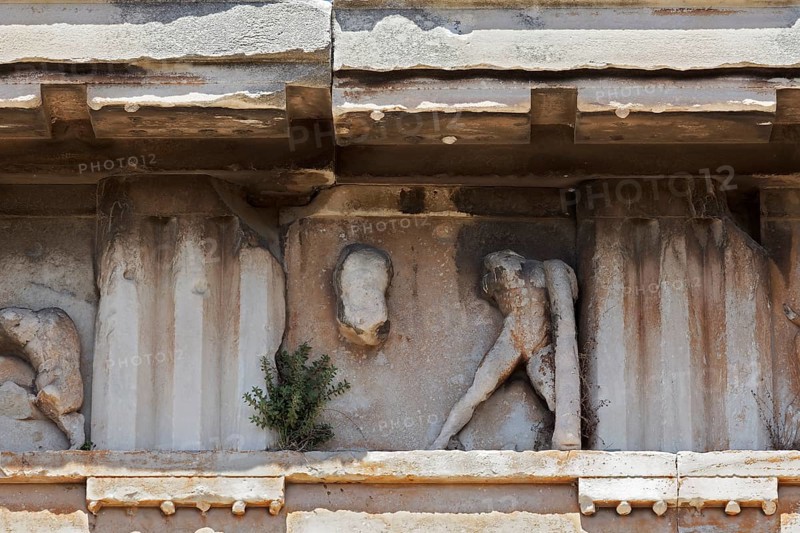 Triglyph frieze with remains of a heroic figure, detail from the Temple of Hephaestus, Theseion, Agora, Athens, Greece, Europe