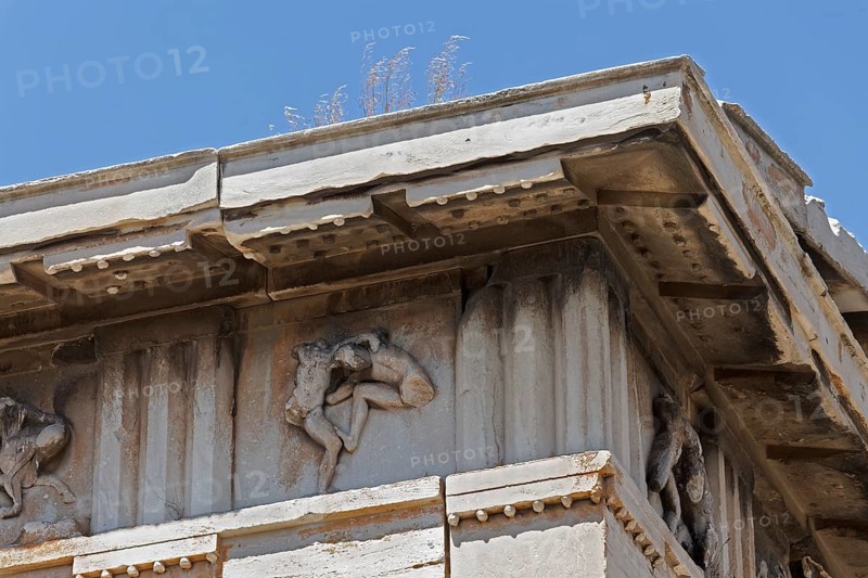 Triglyph frieze with fighting figures, detail from the Temple of Hephaestus, Theseion, Agora, Athens, Greece, Europe